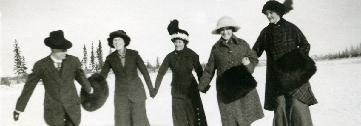B&W photo of four women and a man ice skating in Red Deer [ca. 1925?] P15239, Photo courtesy of the Red Deer & District Archives