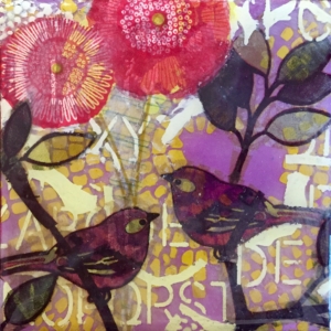 Encaustic artwork - 2 birds, flowers; pink, purple, yellows